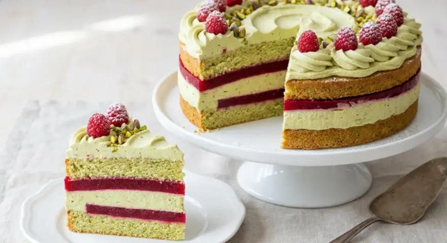 Eine wunderschöne Pistazien Himbeer Torte mit frischen Himbeeren und gehackten Pistazien. Ein Stück ist bereits auf einem Teller angerichtet.