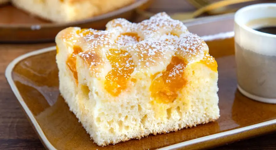 Saftiger Buttermilchkuchen mit Mandarinen, bestäubt mit Puderzucker, auf einem braunen Teller neben einer Tasse Kaffee.