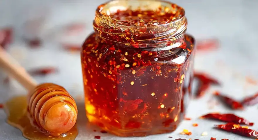 Glas mit würzigem Honig, ideal für ein Hot Honey Rezept. Daneben ein Honiglöffel mit flüssigem Honig.