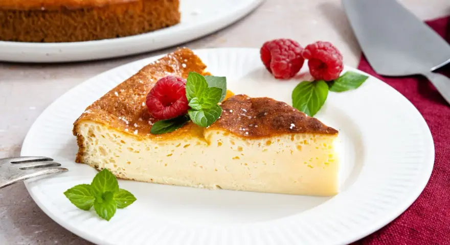 Ein Stück cremiger Kuchen mit griechischem Joghurt, garniert mit Himbeeren und Minze.
