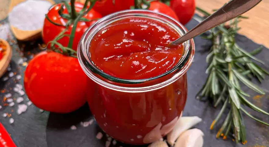 Frisches, selbstgemachtes Ketchup in einem Glas, umgeben von Tomaten, Knoblauch und Rosmarin. Perfekt zum Ketchup selber machen!