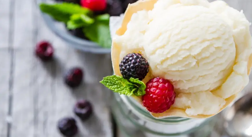 Cremiges Joghurteis selber machen, garniert mit frischen Beeren und Minze. Ein Genuss für heiße Tage!