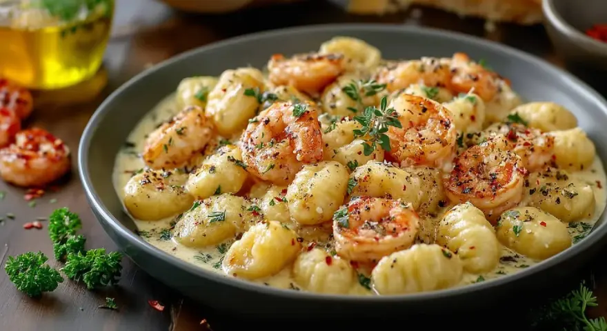 Gnocchi mit Garnelen in cremiger Sauce, garniert mit Kräutern und Gewürzen. Ein köstliches Gericht, das zum Genießen einlädt.