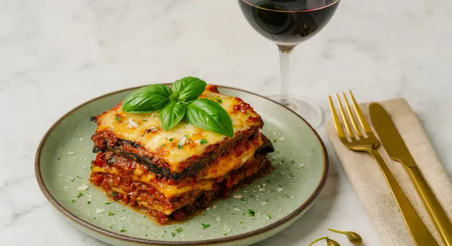 Schicht für Schicht ein Genuss: Ein Stück authentisches Melanzane Rezept Original, garniert mit frischem Basilikum, neben einem Glas Rotwein.