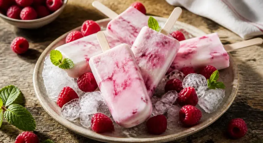 Erfrischendes Himbeer Joghurt Eis auf einem Teller mit frischen Himbeeren und Minze, serviert auf zerstoßenem Eis.