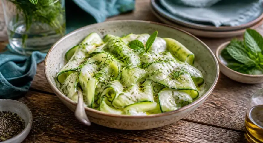 Erfrischender Zucchini-Salat mit Joghurt, Dill und Minze, garniert mit frischen Kräutern. Ein leichter Genuss!