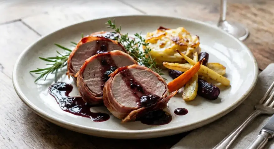 Saftiges Schweinefilet im Speckmantel mit Beerensoße, dazu Rosmarinkartoffeln und bunte Karotten. Ein Klassiker unter den Schweinefilet Rezepten.