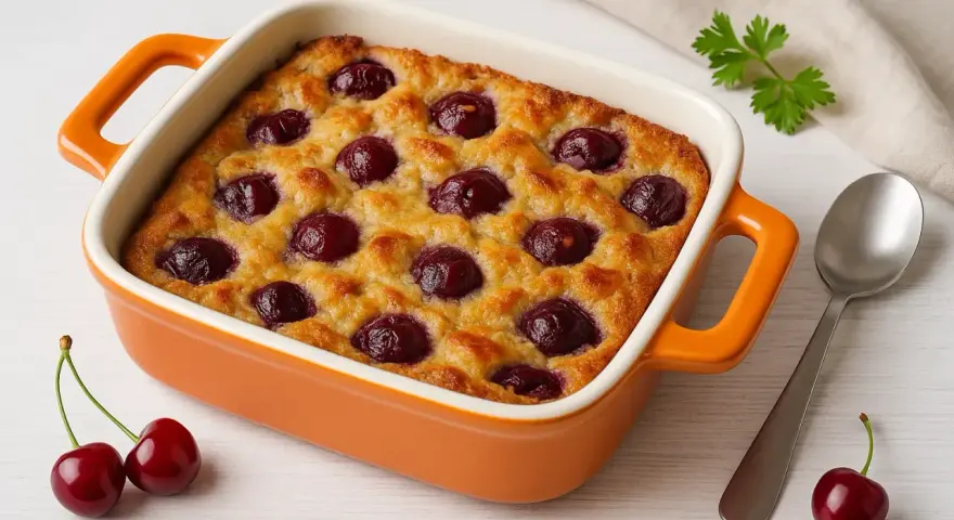 Eine köstliche Kirschpfanne mit Zwieback, goldbraun gebacken und mit saftigen Kirschen belegt. Perfekt für ein süßes Dessert.