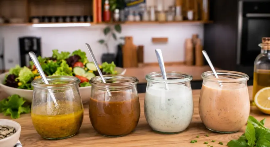 Vier Gläser mit verschiedenen **Salatdressing**-Sorten stehen auf einem Holztisch. Im Hintergrund ein frischer Salat.
