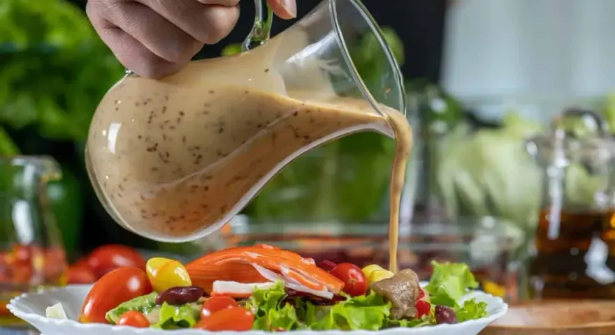 Cremiges Salatdressing ohne Essig wird über einen bunten Salat mit Krabbenfleisch und Kirschtomaten gegossen.