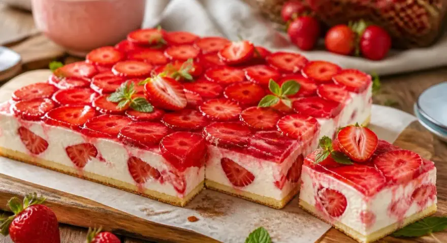 Erdbeerschnitten mit Quark: Ein saftiger Boden, cremiger Quark und frische Erdbeeren unter glänzendem Gelee. Ein Sommergenuss!