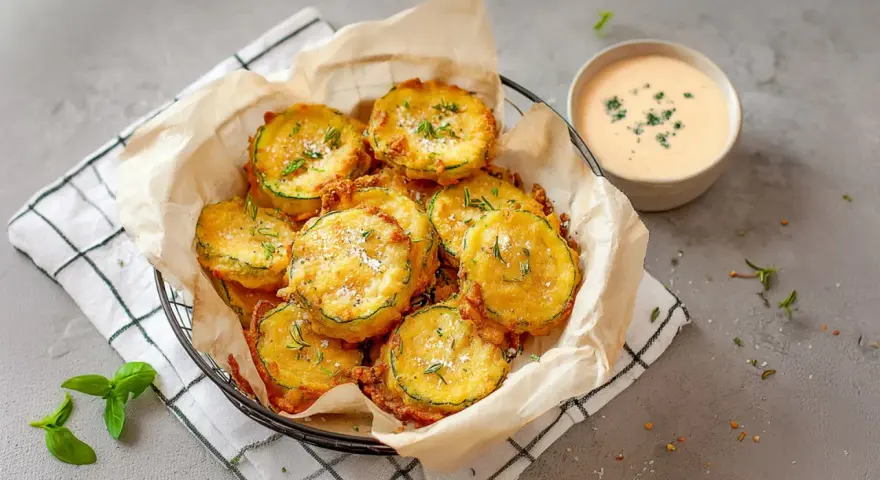 Korb mit knusprigen, gebackenen Zucchini im Teigmantel, bestreut mit Kräutern und Salz. Daneben eine Schale cremiger Dip.