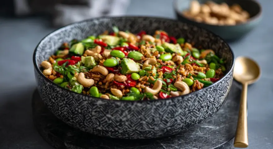 Schüssel mit einem bunten, knusprigen Reis-Salat, garniert mit Edamame, Cashewkernen, Avocado und Chili.