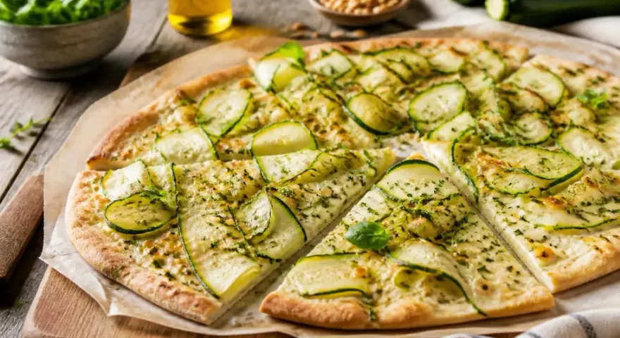 Flammkuchen mit Zucchini, belegt mit dünnen Zucchinischeiben und Kräutern, auf einem Holzbrett.