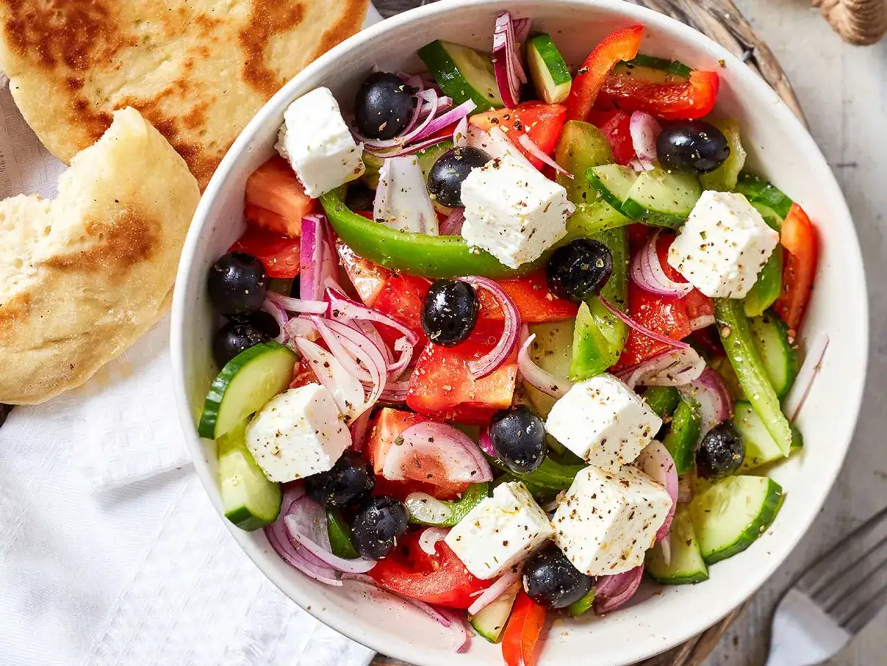 Frischer griechischer Salat mit Tomaten, Gurken, roten Zwiebeln, Oliven und Feta-K&auml;se, serviert mit Fladenbrot.