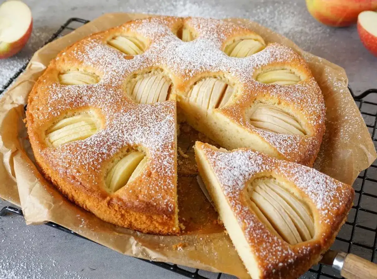 Ein saftiger, versunkener Apfelkuchen, best&auml;ubt mit Puderzucker. Ein St&uuml;ck wurde bereits angeschnitten und zeigt die weiche Textur.