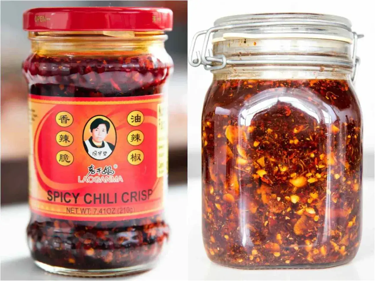 Ein Glas mit w&uuml;rzigem Chili Crisp, perfekt f&uuml;r ein Chili Crunch Rezept.