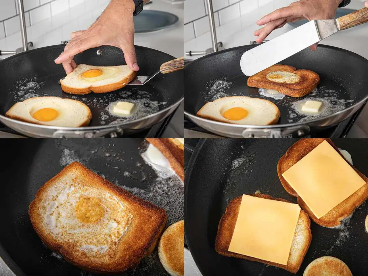 Ein Mann br&auml;t Toast mit Ei in einer Pfanne. Das Ei wird in ein Loch im Toast geschlagen und gebraten. Sp&auml;ter werden K&auml;sescheiben auf den Toast gelegt.