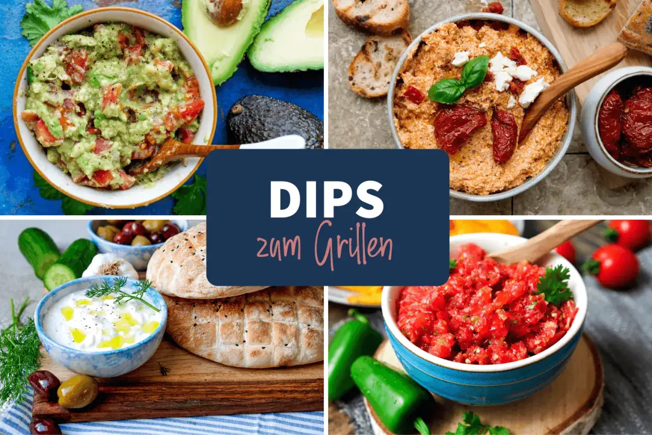 Vier verschiedene Dips zum Grillen: Guacamole, Tomaten-Dip, Tzatziki und ein weiterer cremiger Dip. Perfekt f&uuml;r die n&auml;chste Grillparty!