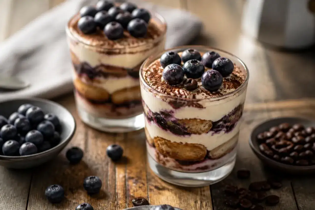 Zwei Gläser mit luftiger Mascarpone Creme, Blaubeeren und Kakaopulver, garniert mit frischen Beeren.