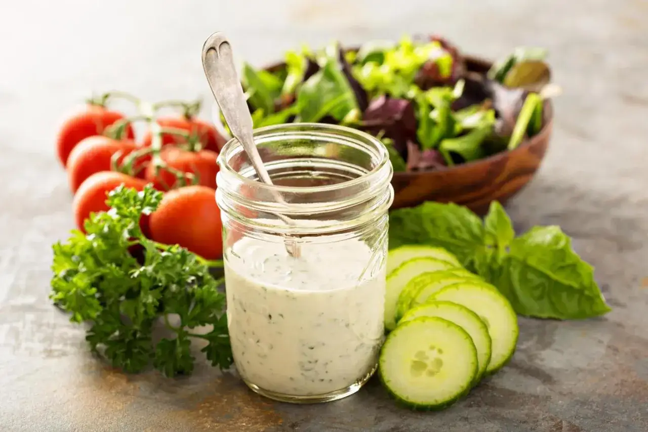 Ein Glas cremiges Ranch Dressing mit frischen Kräutern, daneben Tomaten, Gurkenscheiben und ein Salat.