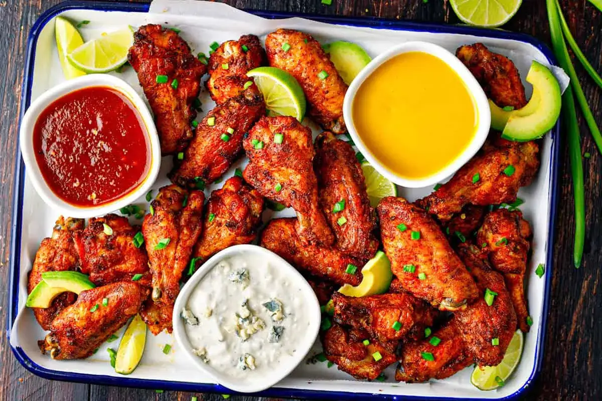 Saftige chicken wings mit Dip, Limettenspalten und Avocado auf einem Blech.