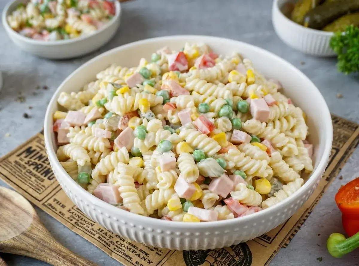 Cremiger Nudelsalat mit Schinken, Erbsen und Mais, verfeinert mit einem Hauch Essig. Ein leichter und leckerer Nudelsalat.