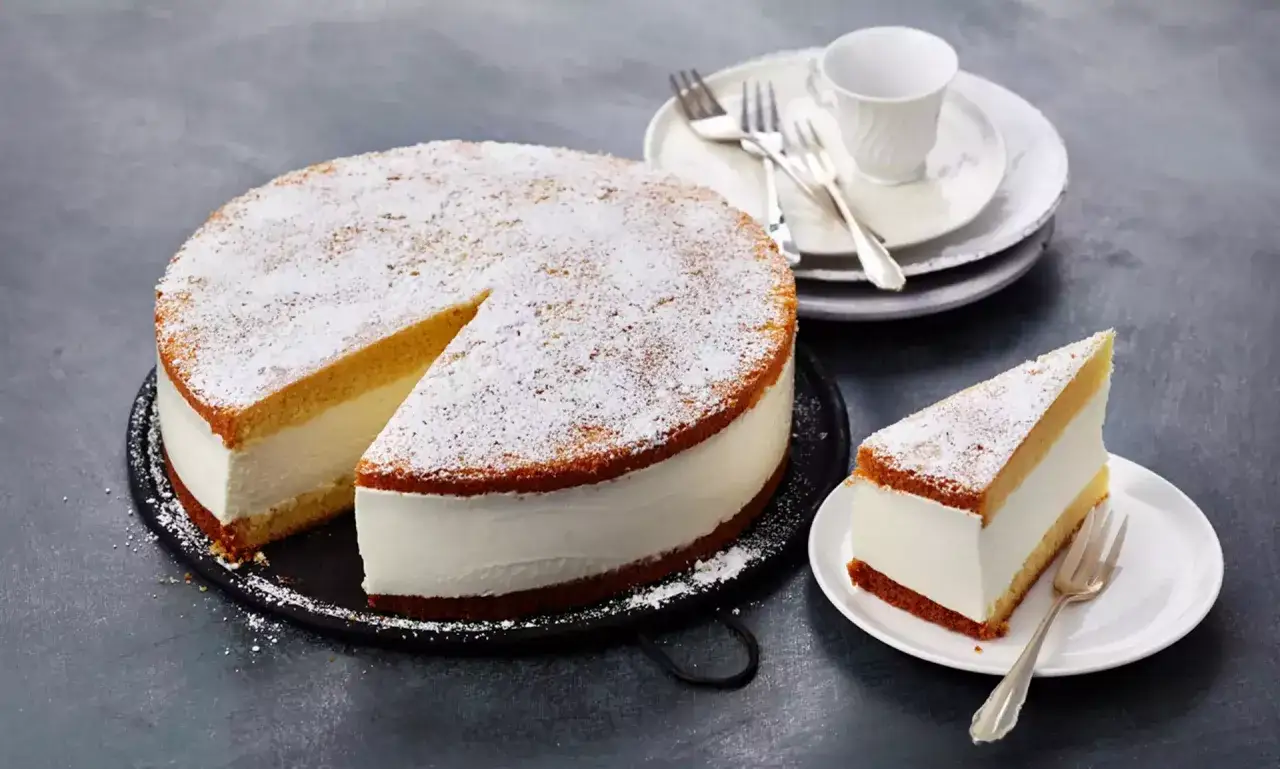 Eine k&ouml;stliche Quark Sahne Torte, best&auml;ubt mit Puderzucker, wartet darauf, genossen zu werden. Ein St&uuml;ck ist bereits auf einem Teller angerichtet.