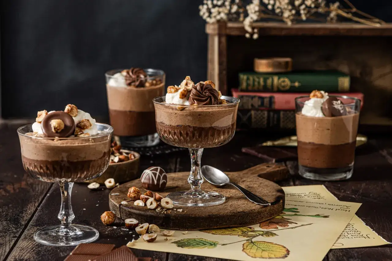 Mehrere Gläser mit luftiger Mousse au Chocolat, garniert mit Sahne, Nüssen und Schokolade, stehen auf einem Holztisch.