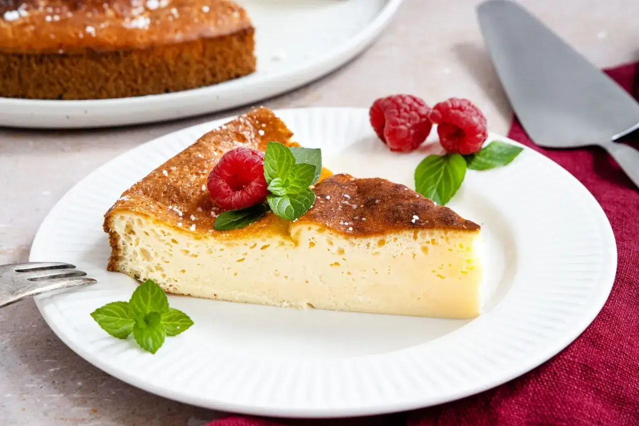 Ein St&uuml;ck cremiger Kuchen mit griechischem Joghurt, garniert mit Himbeeren und Minze.