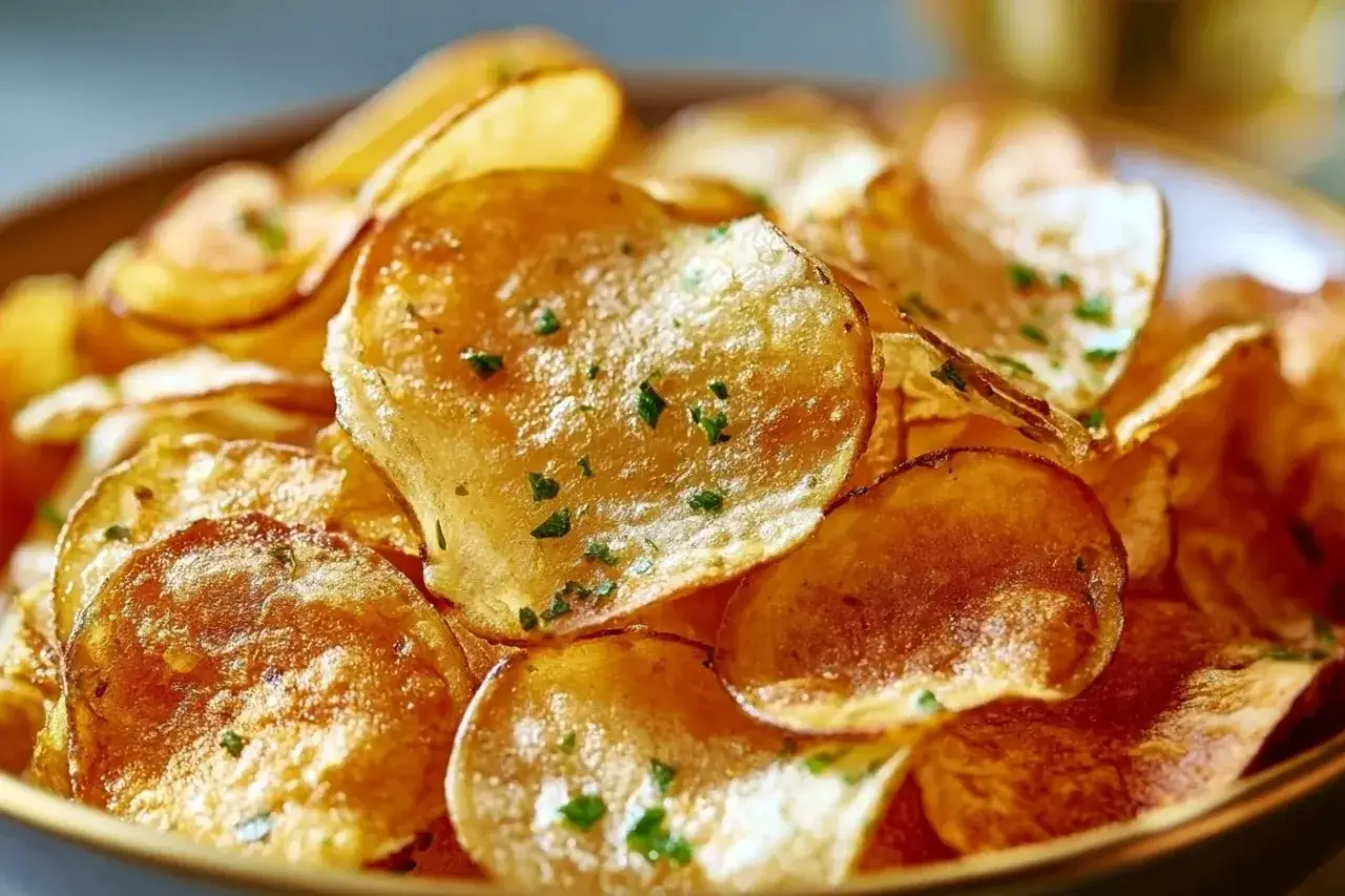 Knusprige, goldbraune Kartoffelchips, verfeinert mit Kräutern, frisch aus dem Airfryer.
