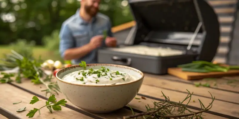 Schüssel mit cremiger Sour Cream, garniert mit Petersilie, steht auf einem Holztisch. Im Hintergrund bereitet ein Mann das Grillgut vor.